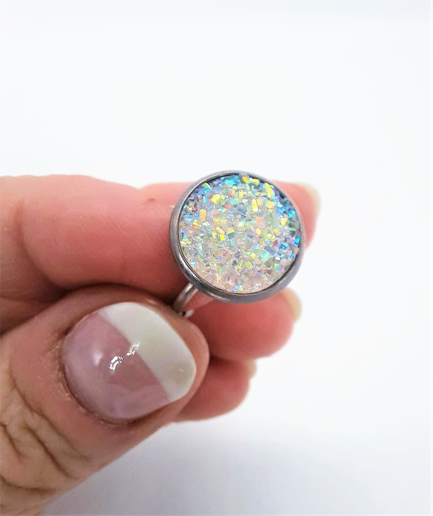 Druzy Stone Stainless Steel Cuff Ring, Size 7