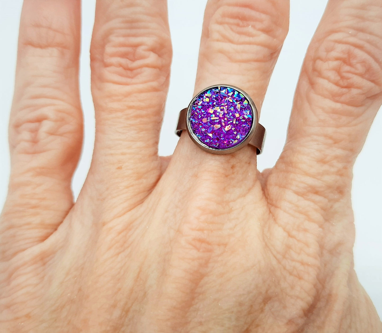Iridescent Druzy Stainless Steel Ring - Adjustable
