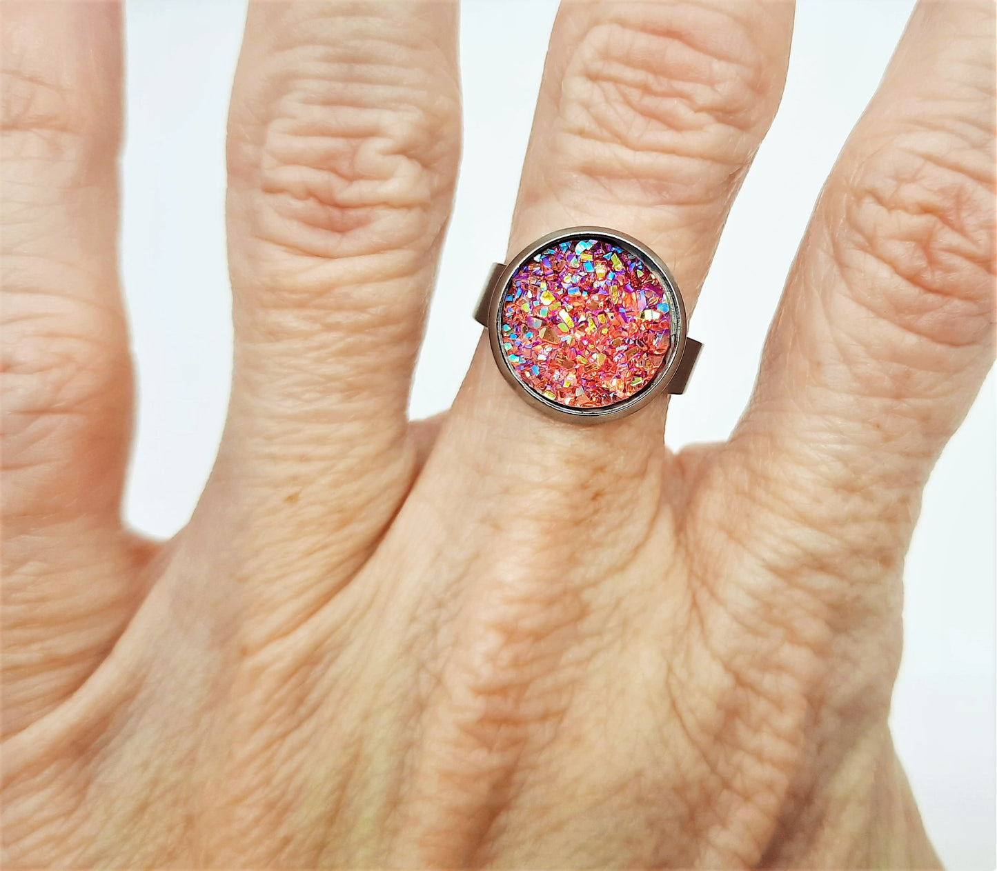 Iridescent Druzy Stainless Steel Ring - Adjustable