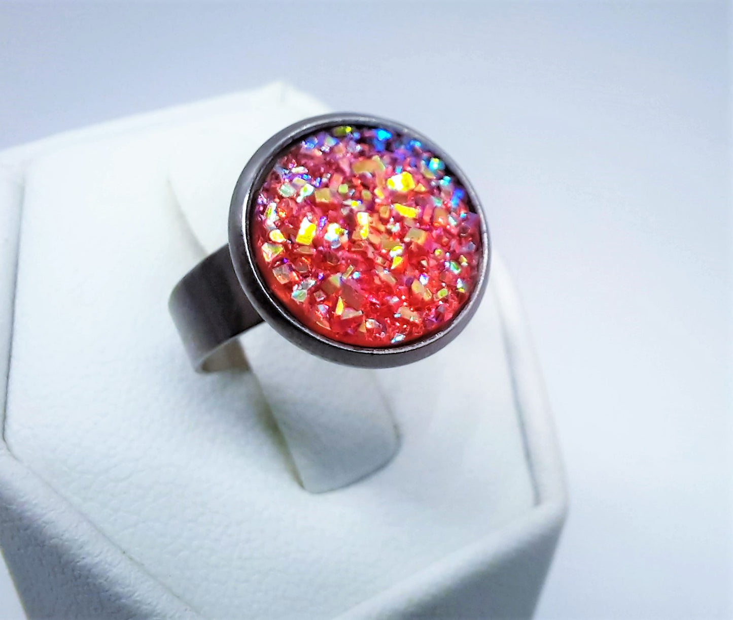 Iridescent Druzy Stainless Steel Ring - Adjustable