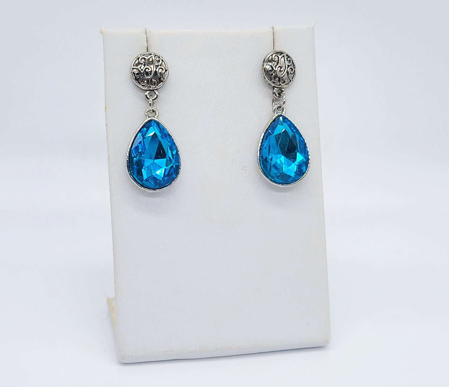 Antiqued Silver Teal Blue Rhinestone Post Earrings