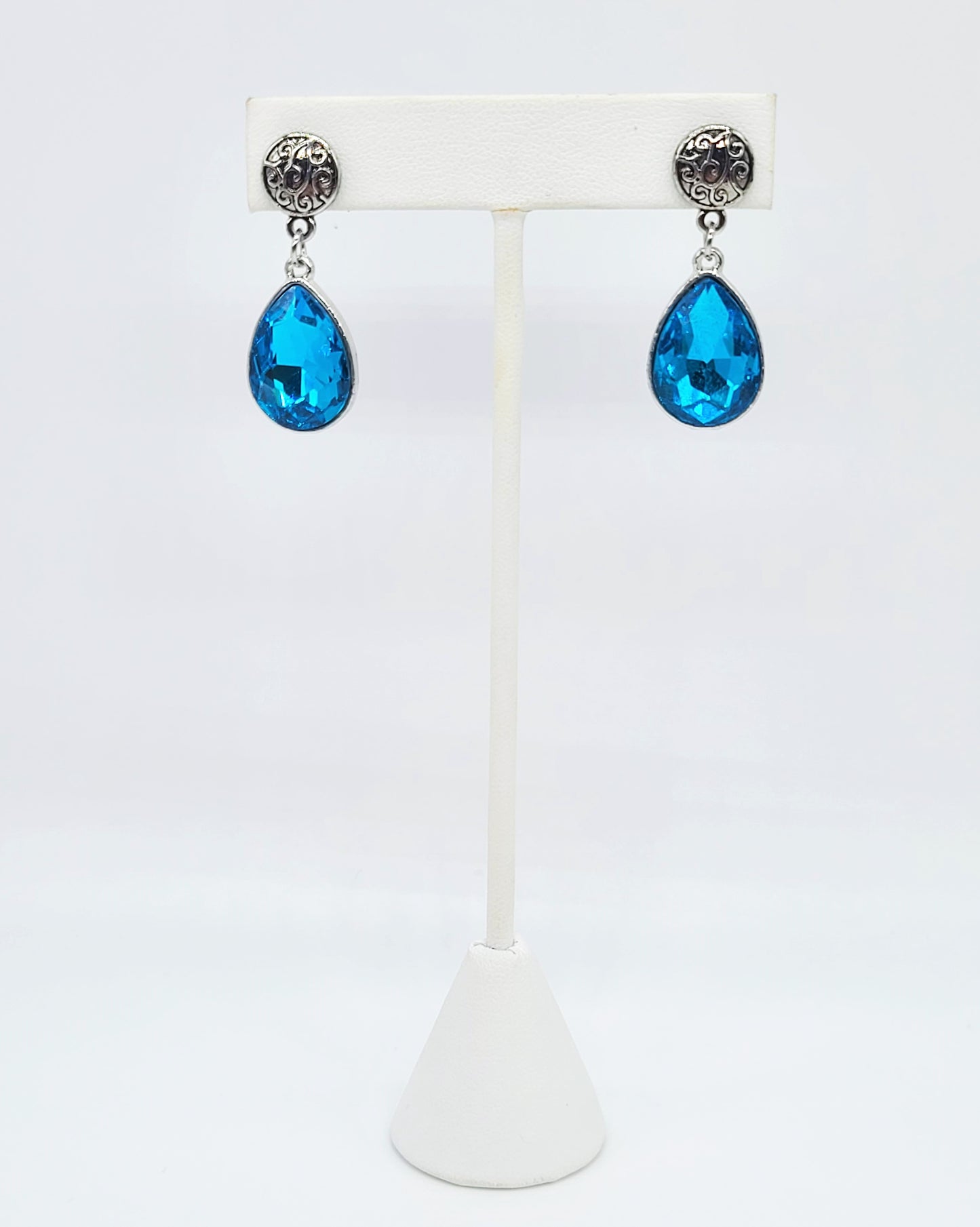 Antiqued Silver Teal Blue Rhinestone Post Earrings