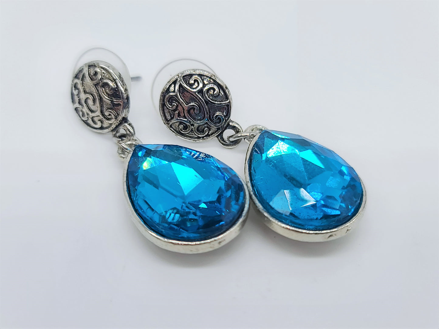 Antiqued Silver Teal Blue Rhinestone Post Earrings
