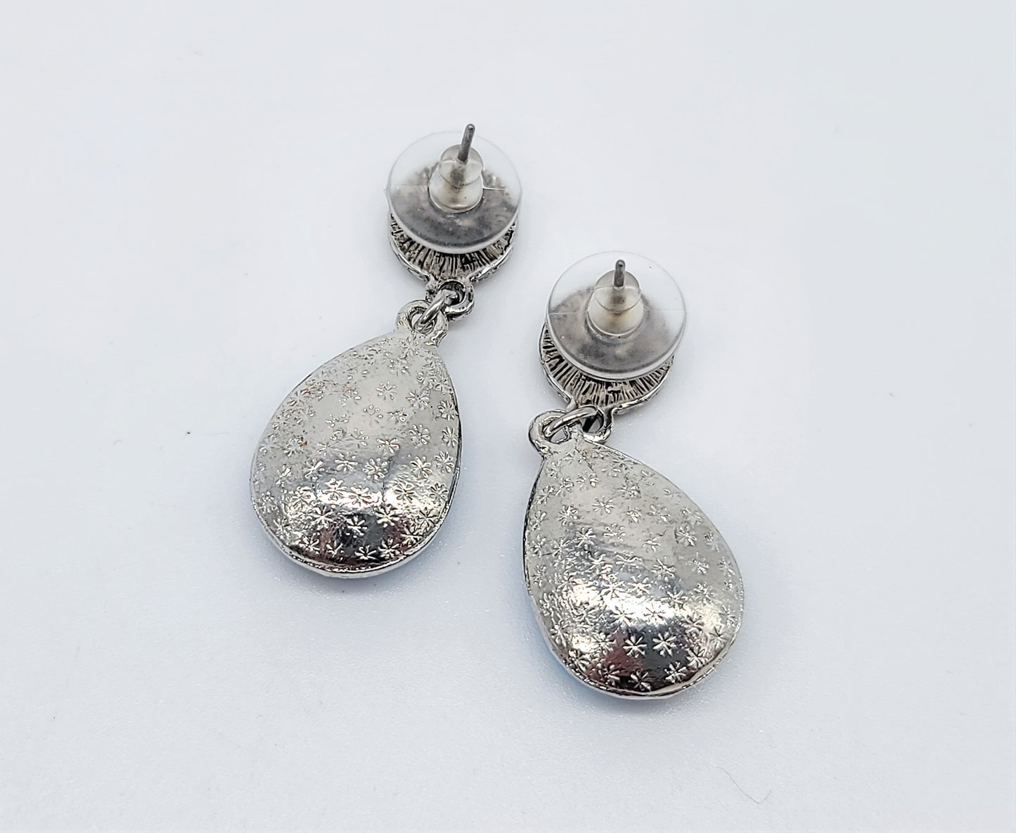 Antiqued Silver Teal Blue Rhinestone Post Earrings