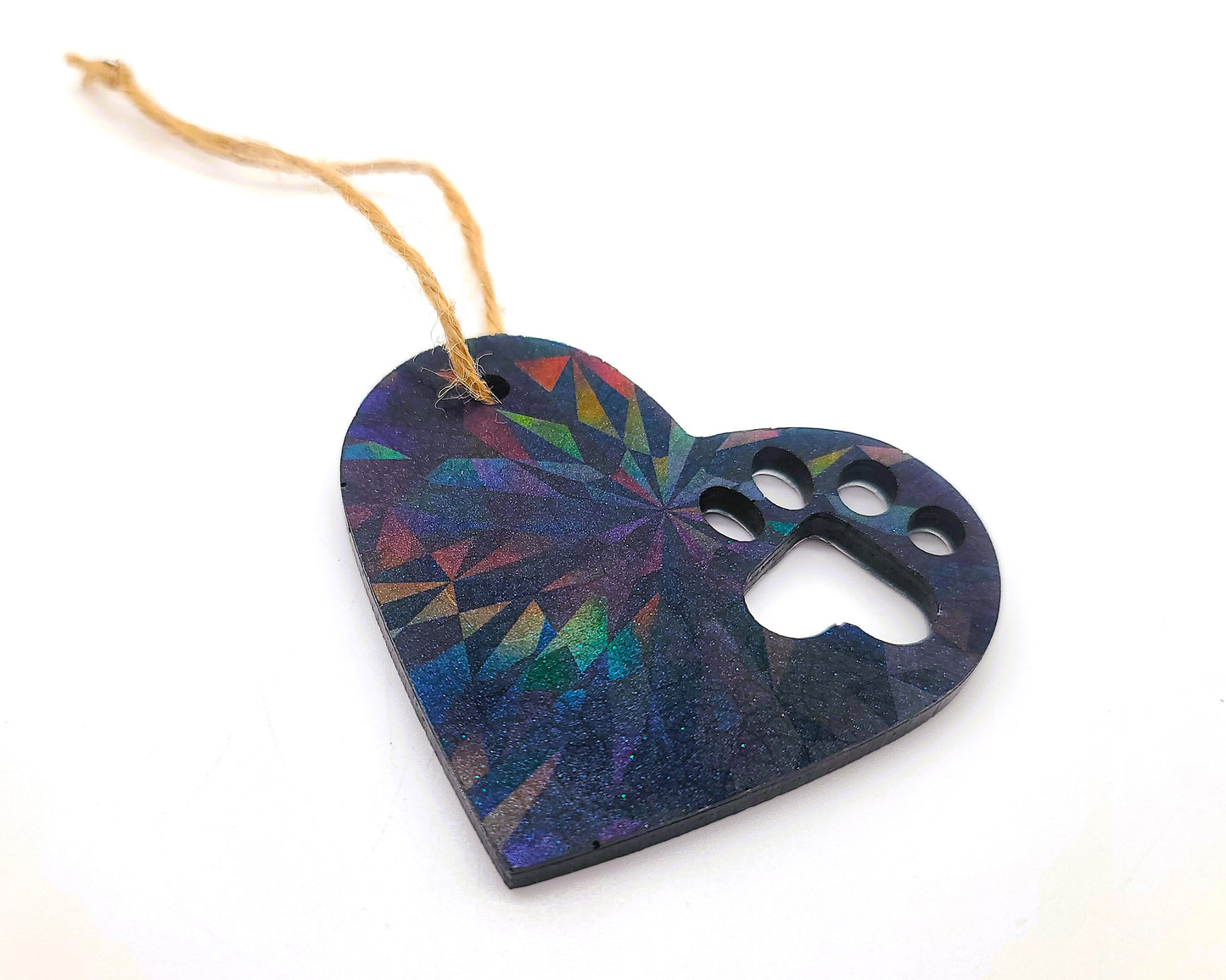 Dog Paw Heart Holographic Ornament Made w/ Eco-Friendly Resin