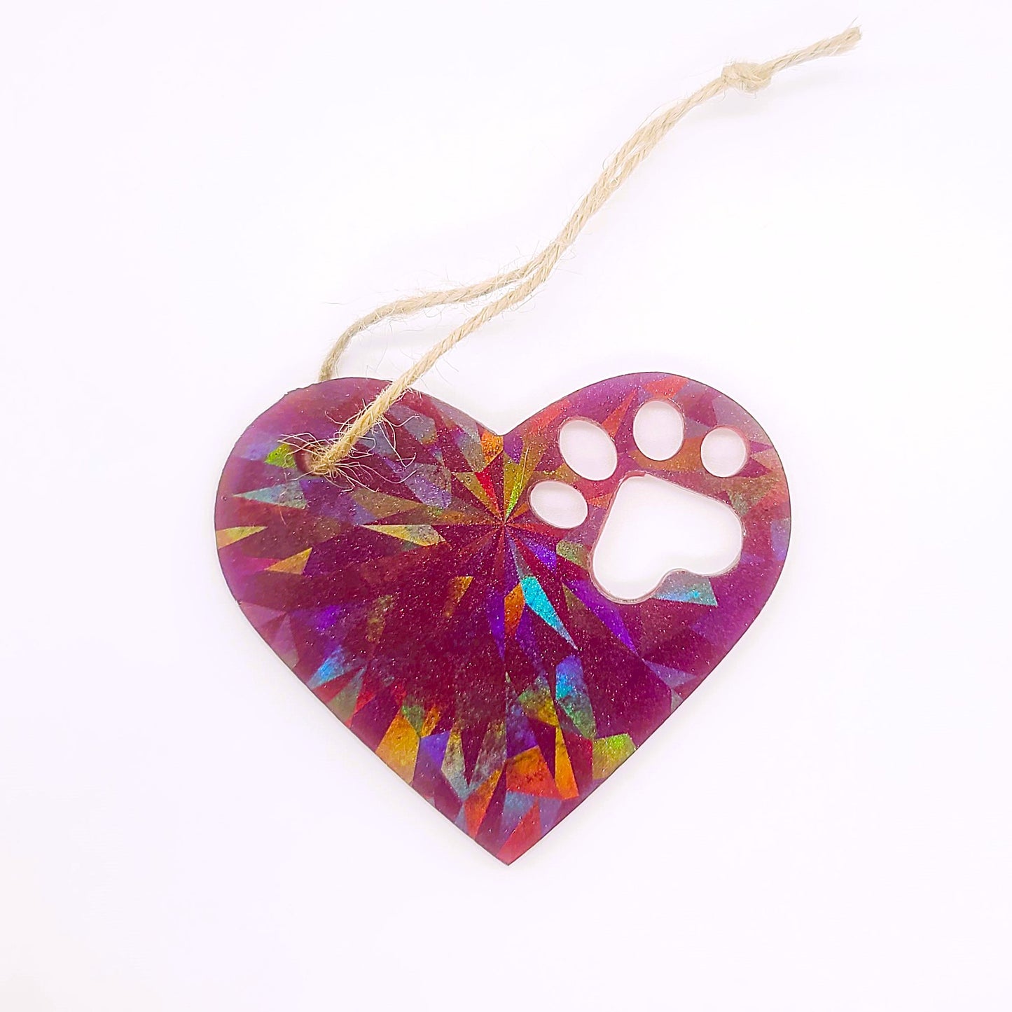 Dog Paw Heart Holographic Ornament Made w/ Eco-Friendly Resin