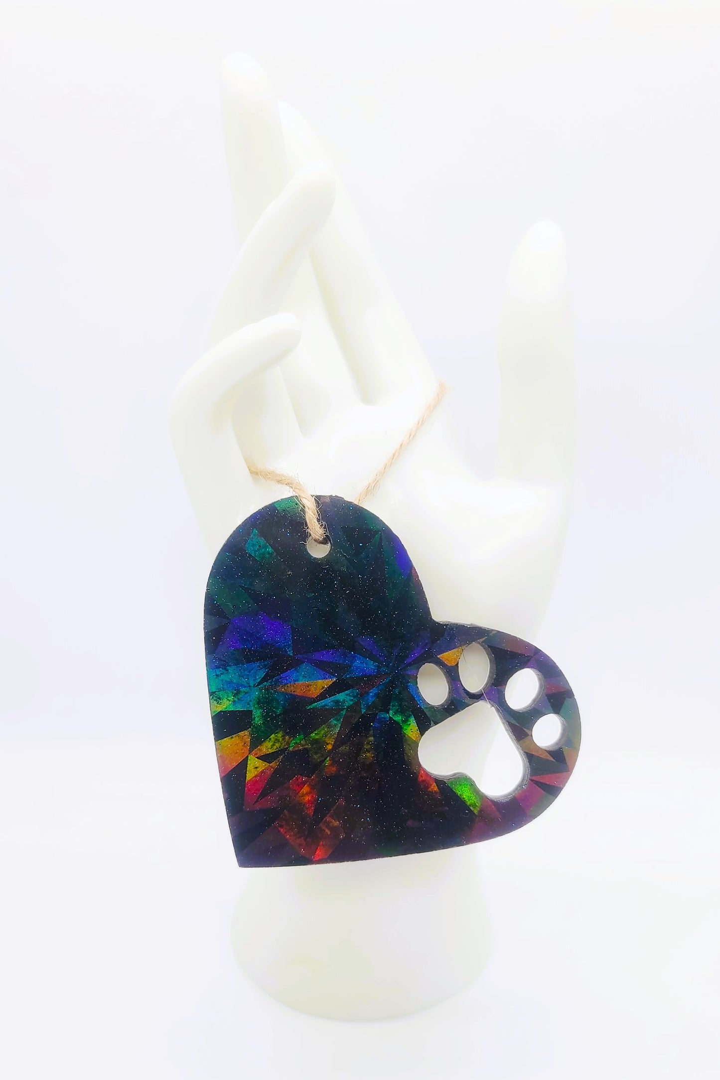 Dog Paw Heart Holographic Ornament Made w/ Eco-Friendly Resin