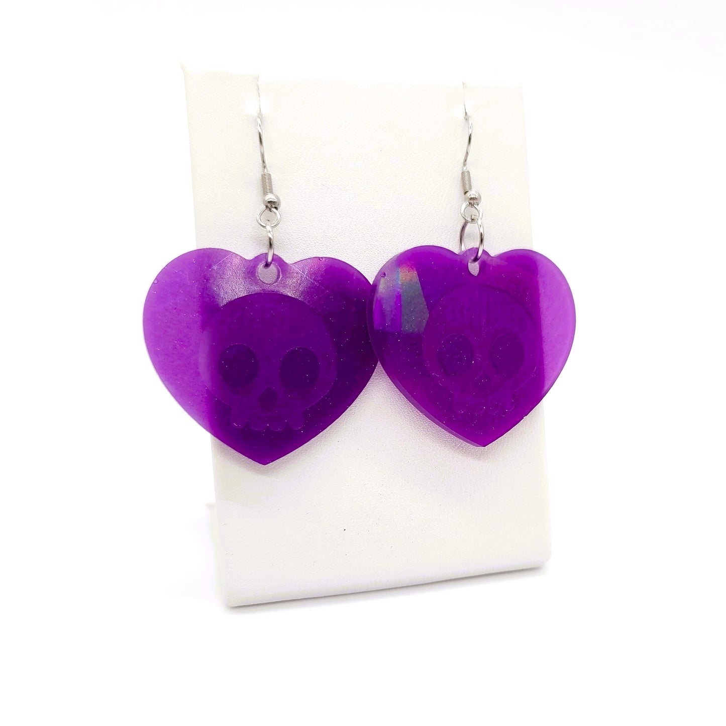 Holographic Halloween Skull Heart Shaped Earrings - Eco-Friendly Resin