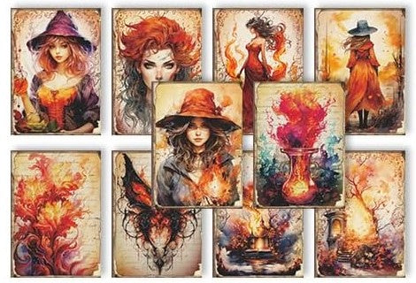 Fiery Red Witches-Set of 10 4" x 6" Decoupage Wood Panels