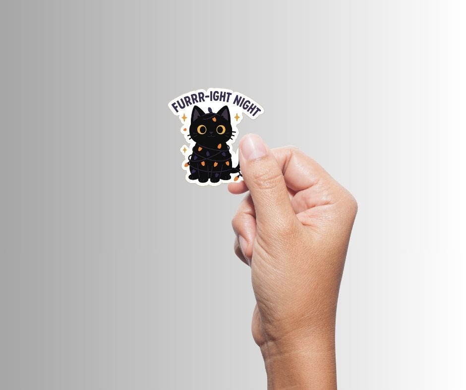 Cute Funny Halloween Black Cat Sticker "Furrr-ight Night"