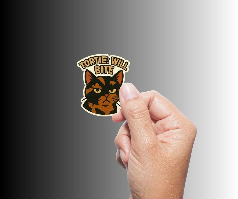 "Tortie: Will Bite" Cute Funny Tortoiseshell Cat Sticker