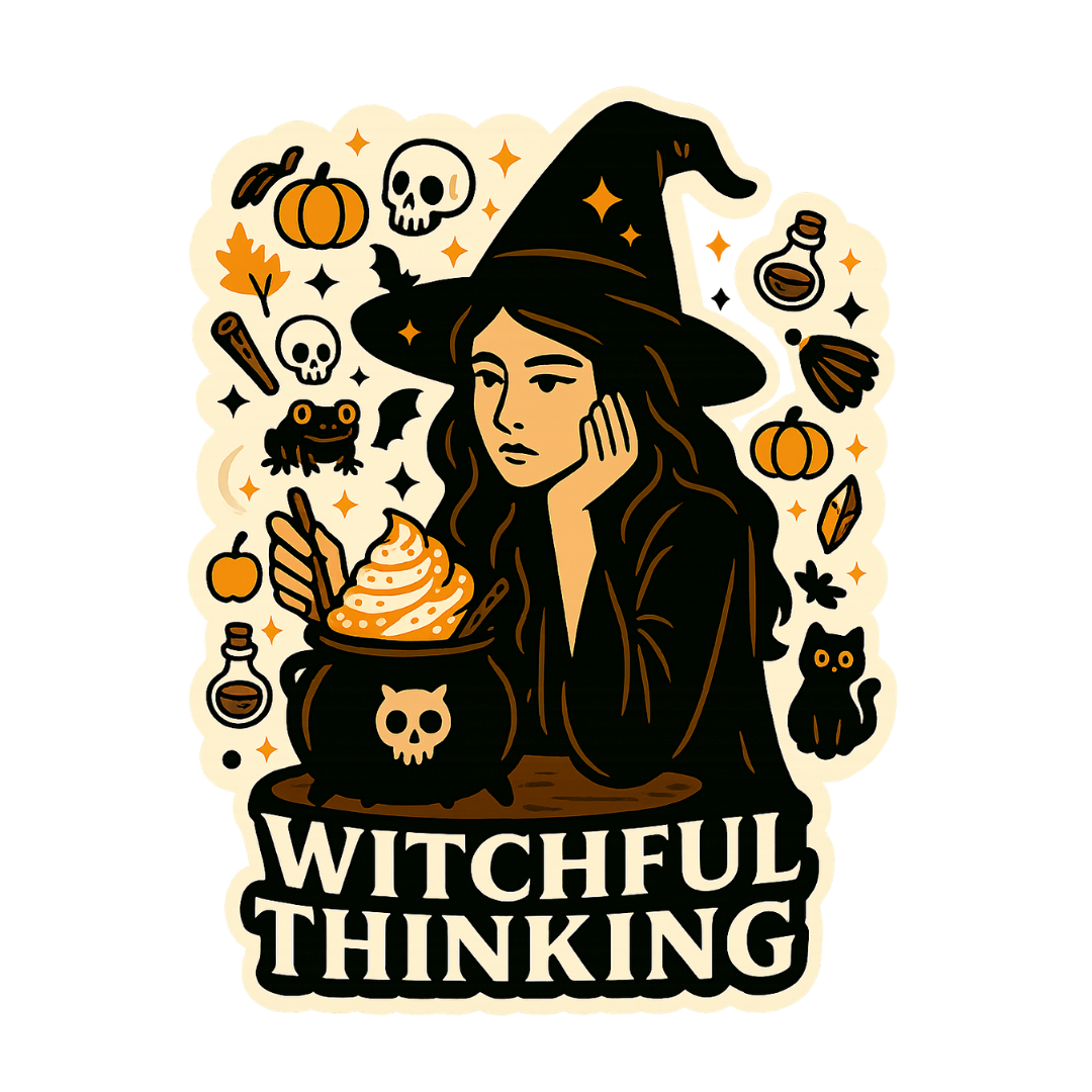 Funny Spooky Halloween Witch Sticker "Witchful Thinking" Pumpkin Spice Latte