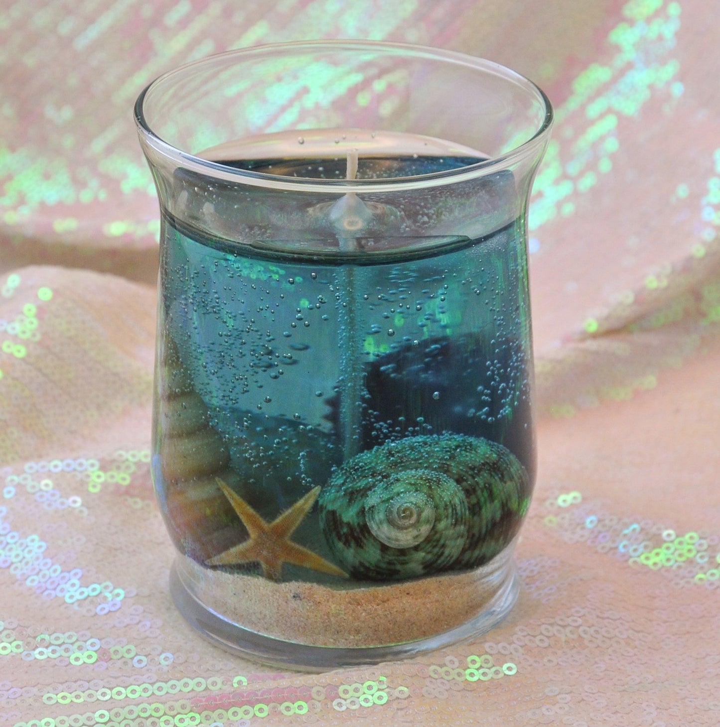 Seascape Gel Candle - Scented - Real Sand & Shells - 10 oz Hurricane Jar