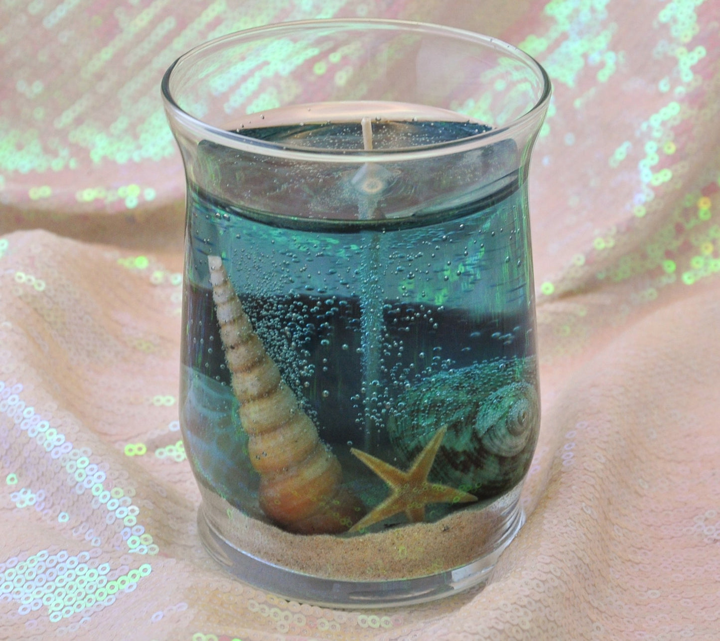 Seascape Gel Candle - Scented - Real Sand & Shells - 10 oz Hurricane Jar
