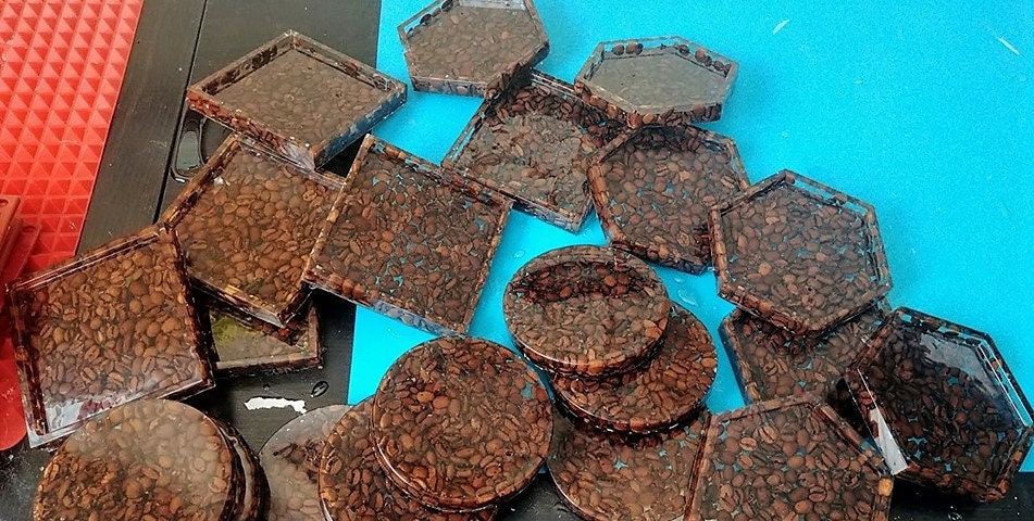 Eco-Friendly Resin Casted Coasters (Set of 4), Made w/ Real Coffee Beans, Hexagon, Square, or Round, Handmade & Great for Coffee Lovers