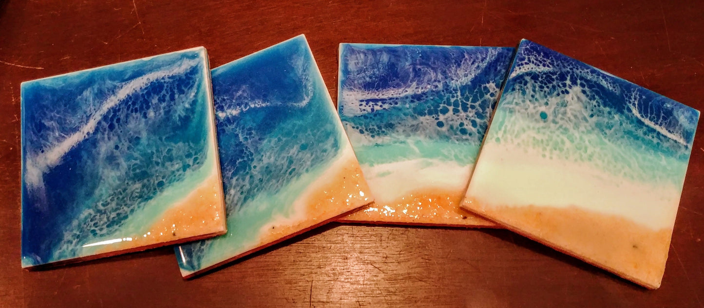 Eco-Friendly Tile Beach Coasters / Ocean Coasters, Made with Resin and Real Sand