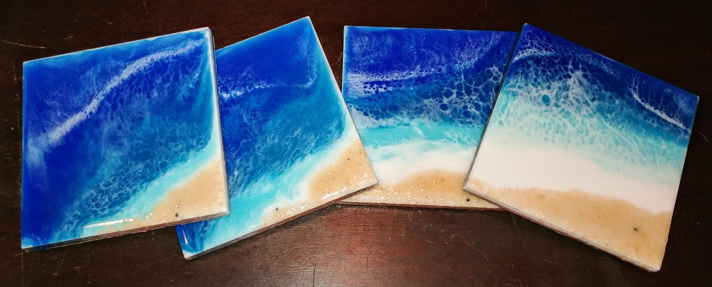 Eco-Friendly Tile Beach Coasters / Ocean Coasters, Made with Resin and Real Sand
