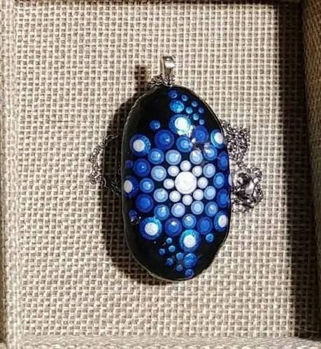 Handpainted Blue Dot Mandala Necklace, Stone / Rock Pendant, Sealed w/ Resin, Hypoallergenic Stainless Steel Chain, Lobster Claw Closure