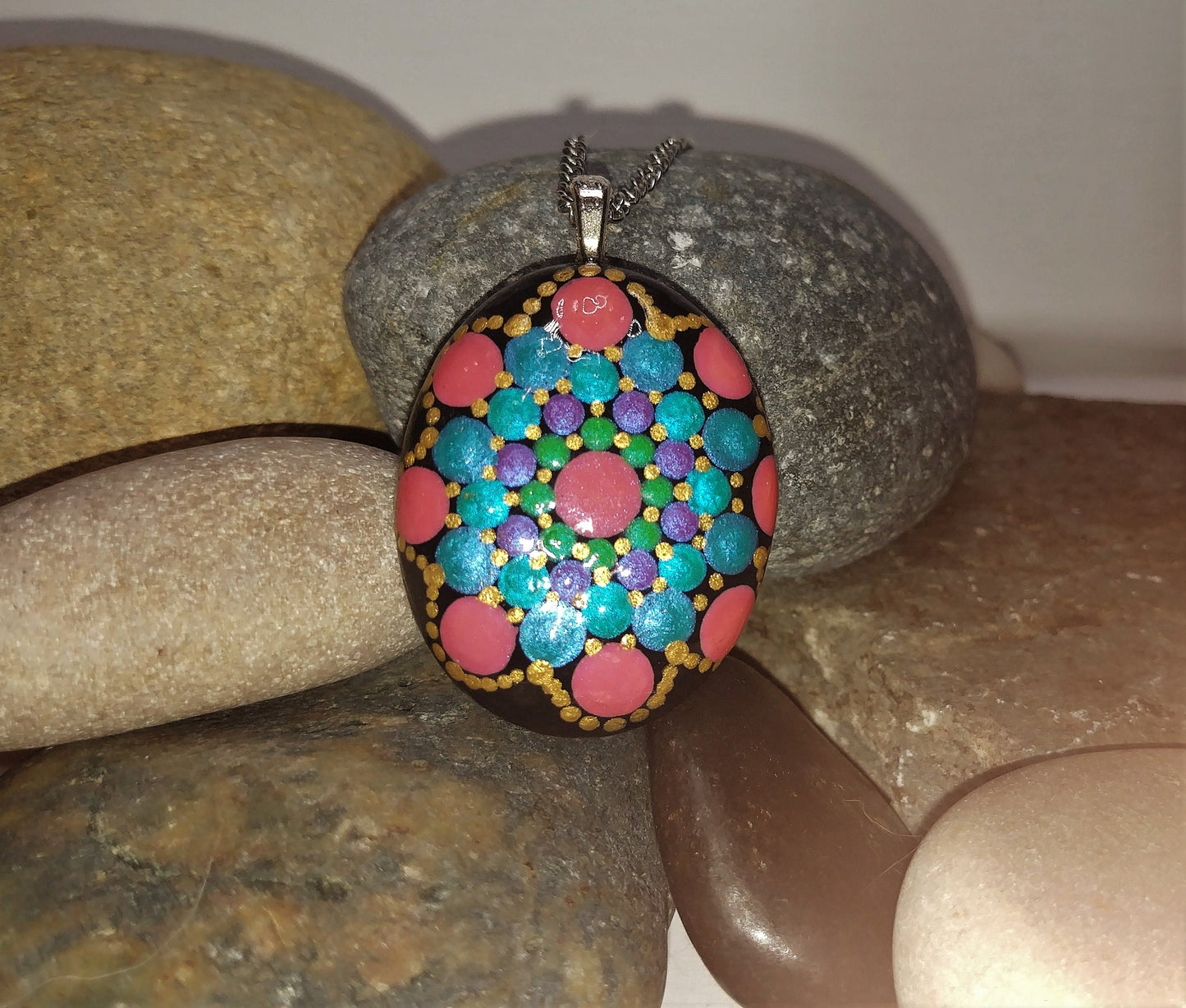 Handpainted Pearlescent Dot Mandala Necklace, Stone Pendant, Sealed w/ Resin, Hypoallergenic Stainless Steel Chain, Lobster Claw Closure