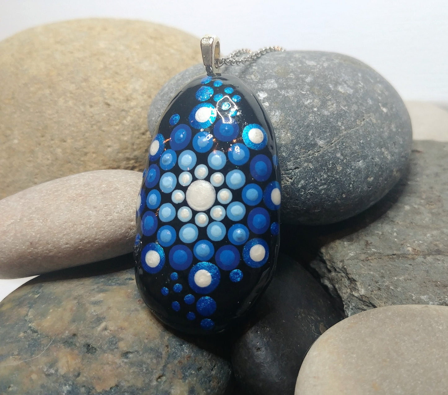 Handpainted Blue Dot Mandala Necklace, Stone / Rock Pendant, Sealed w/ Resin, Hypoallergenic Stainless Steel Chain, Lobster Claw Closure