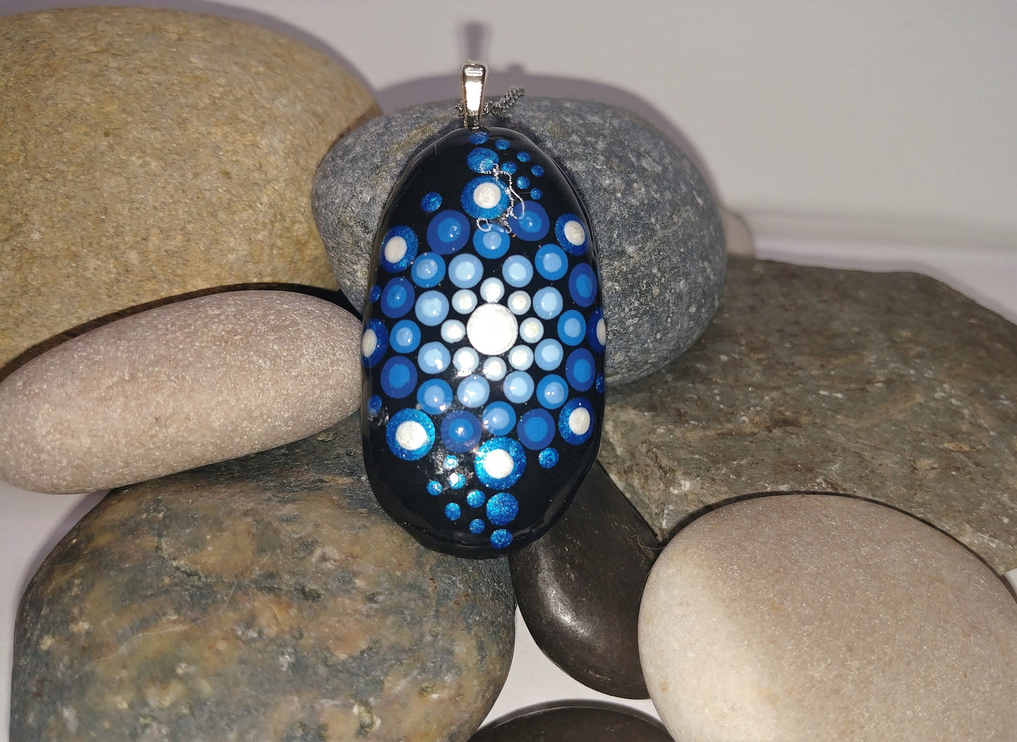 Handpainted Blue Dot Mandala Necklace, Stone / Rock Pendant, Sealed w/ Resin, Hypoallergenic Stainless Steel Chain, Lobster Claw Closure