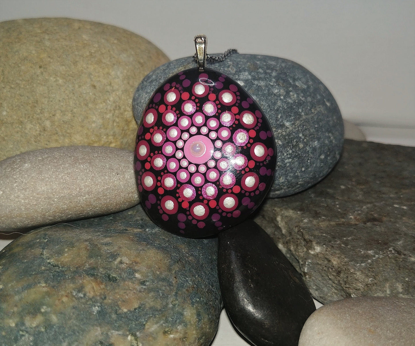 Handpainted Pink / Red Mandala Necklace, Stone / Rock Pendant, Sealed w/ Resin, Hypoallergenic Stainless Steel Chain, Lobster Claw Closure