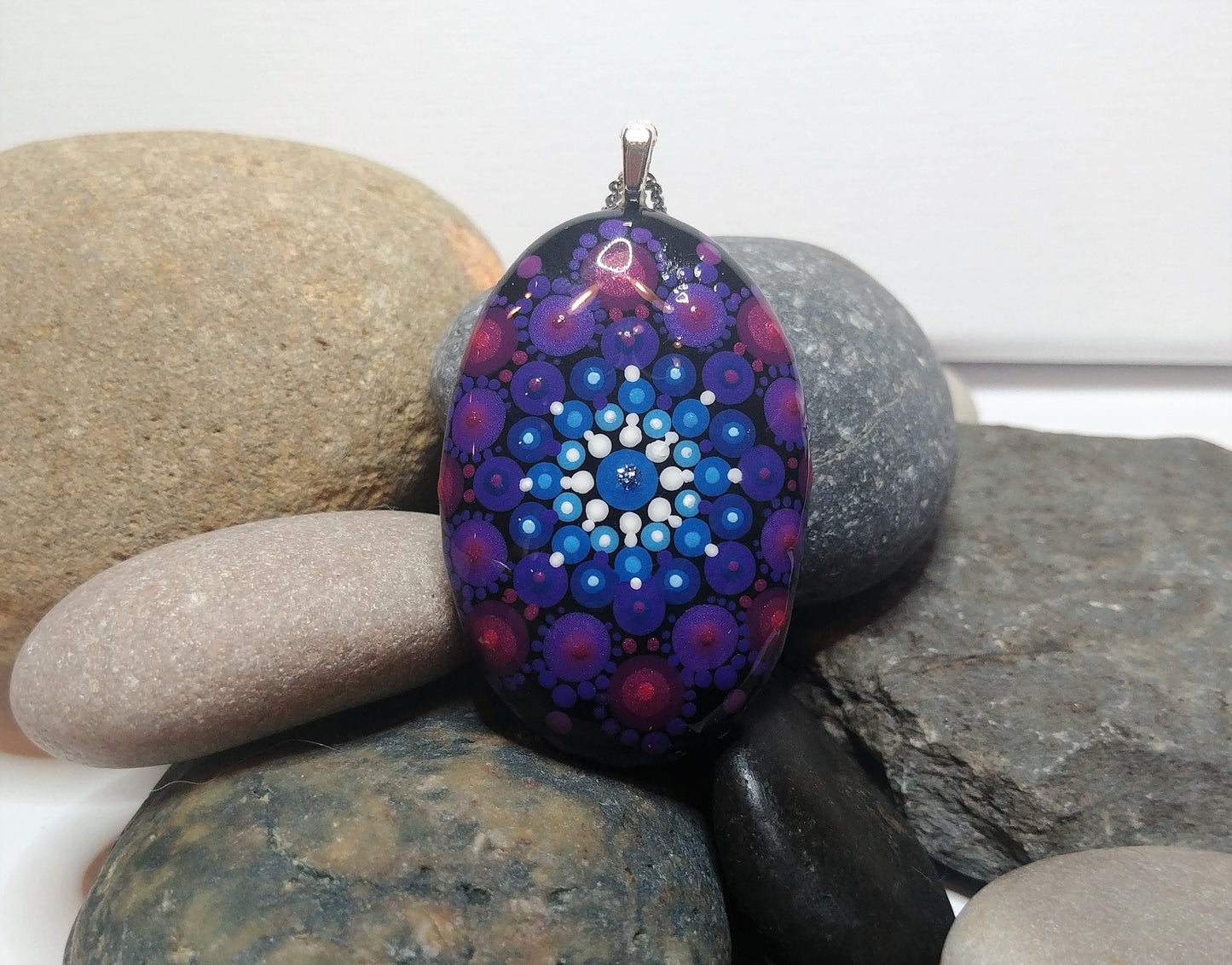 Handpainted Purple / Blue Mandala Necklace, Stone / Rock Pendant, Sealed w Resin, Hypoallergenic Stainless Steel Chain, Lobster Claw Closure
