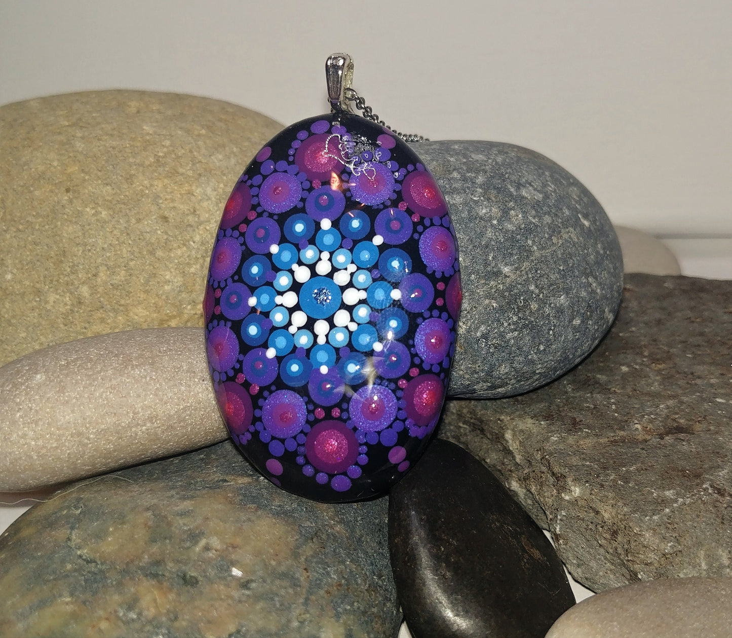 Handpainted Purple / Blue Mandala Necklace, Stone / Rock Pendant, Sealed w Resin, Hypoallergenic Stainless Steel Chain, Lobster Claw Closure