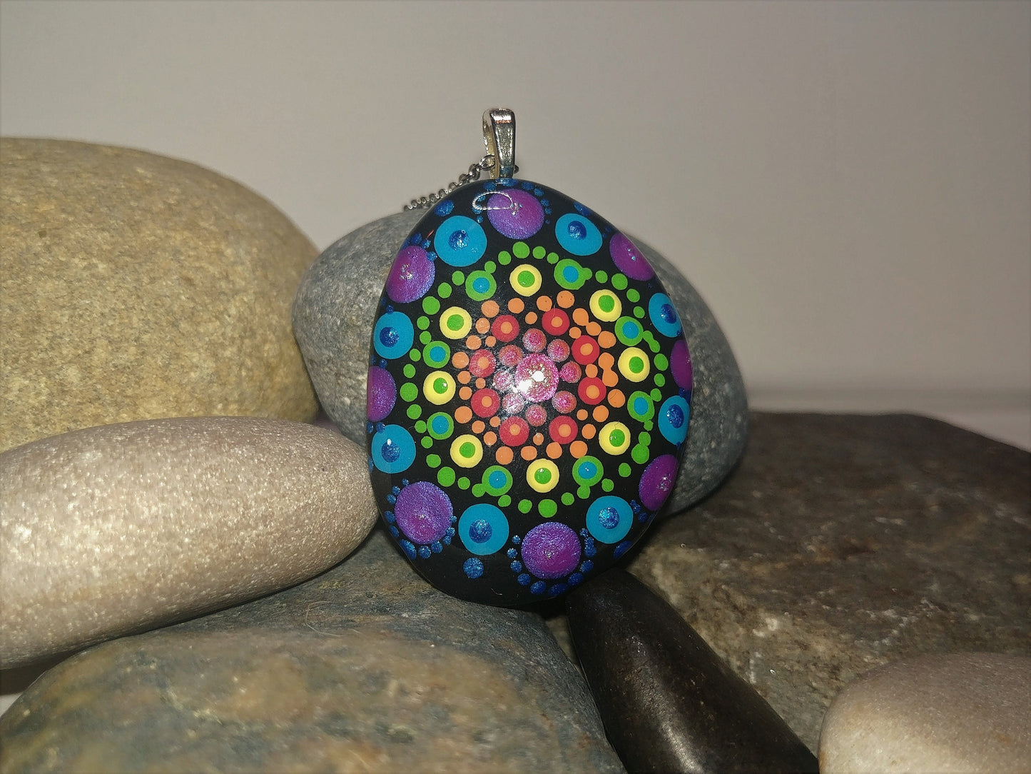 Handpainted Rainbow Dot Mandala Necklace, Stone / Rock Pendant, Sealed w/ Resin, Hypoallergenic Stainless Steel Chain, Lobster Claw Closure