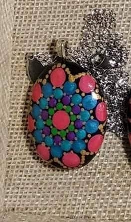 Handpainted Pearlescent Dot Mandala Necklace, Stone Pendant, Sealed w/ Resin, Hypoallergenic Stainless Steel Chain, Lobster Claw Closure