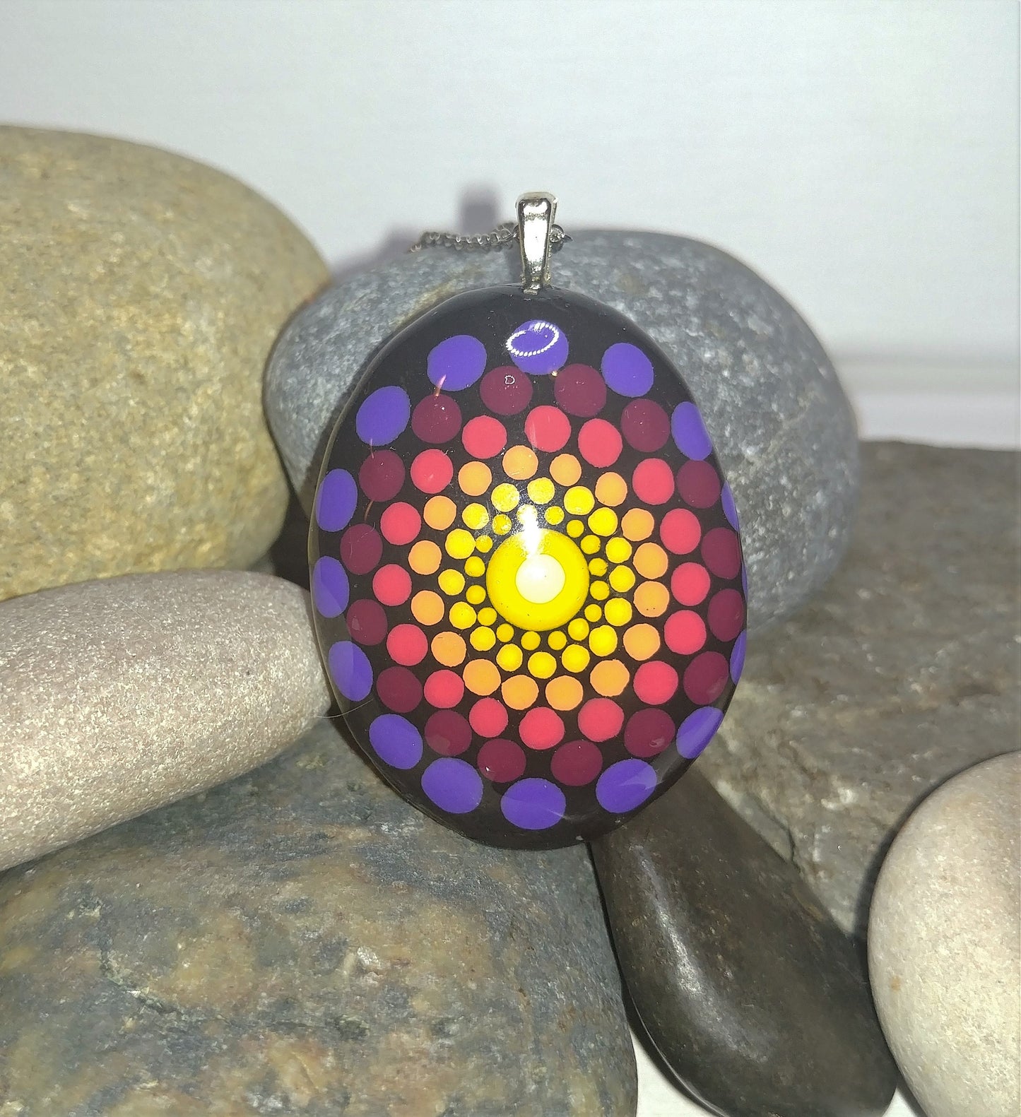 Handpainted Rainbow Dot Mandala Necklace, Stone / Rock Pendant, Sealed w/ Resin, Hypoallergenic Stainless Steel Chain, Lobster Claw Closure
