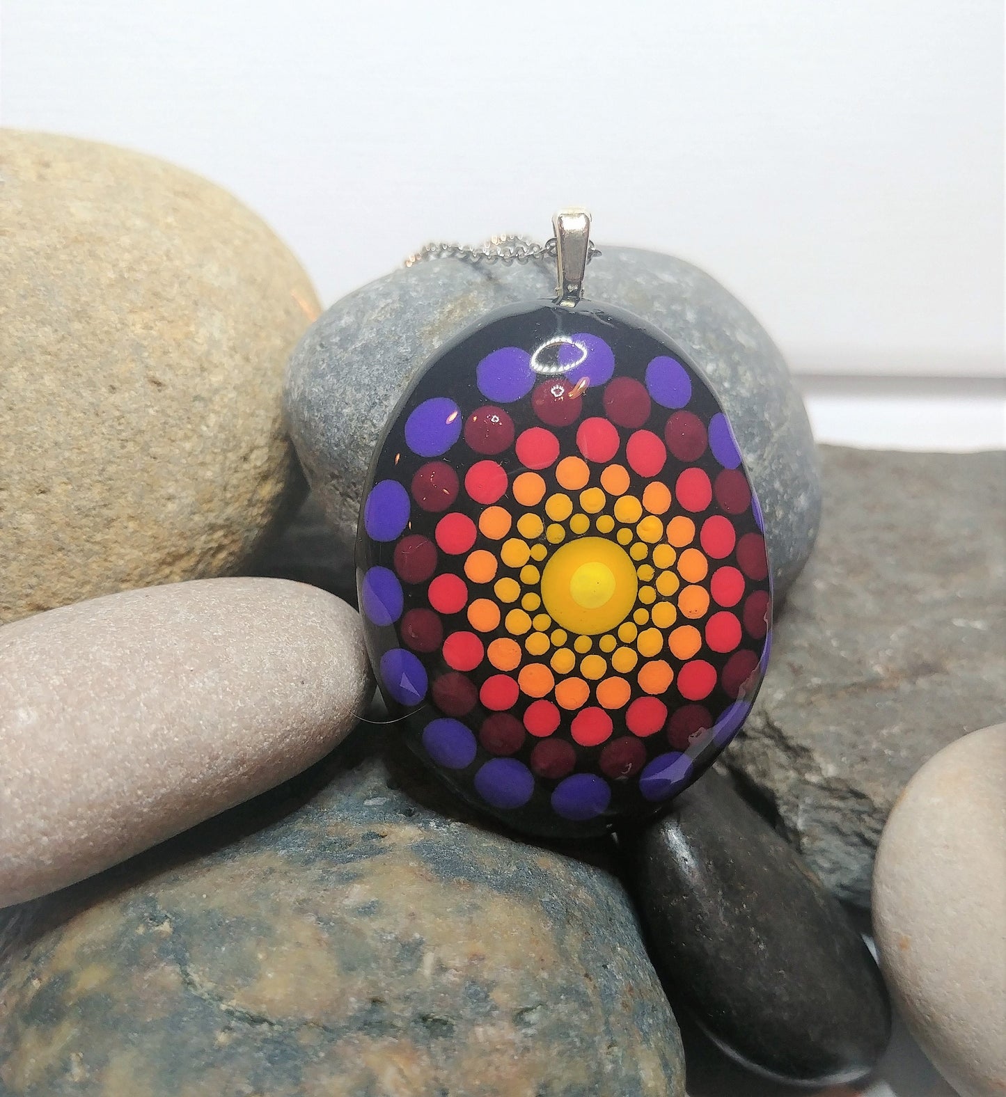 Handpainted Rainbow Dot Mandala Necklace, Stone / Rock Pendant, Sealed w/ Resin, Hypoallergenic Stainless Steel Chain, Lobster Claw Closure