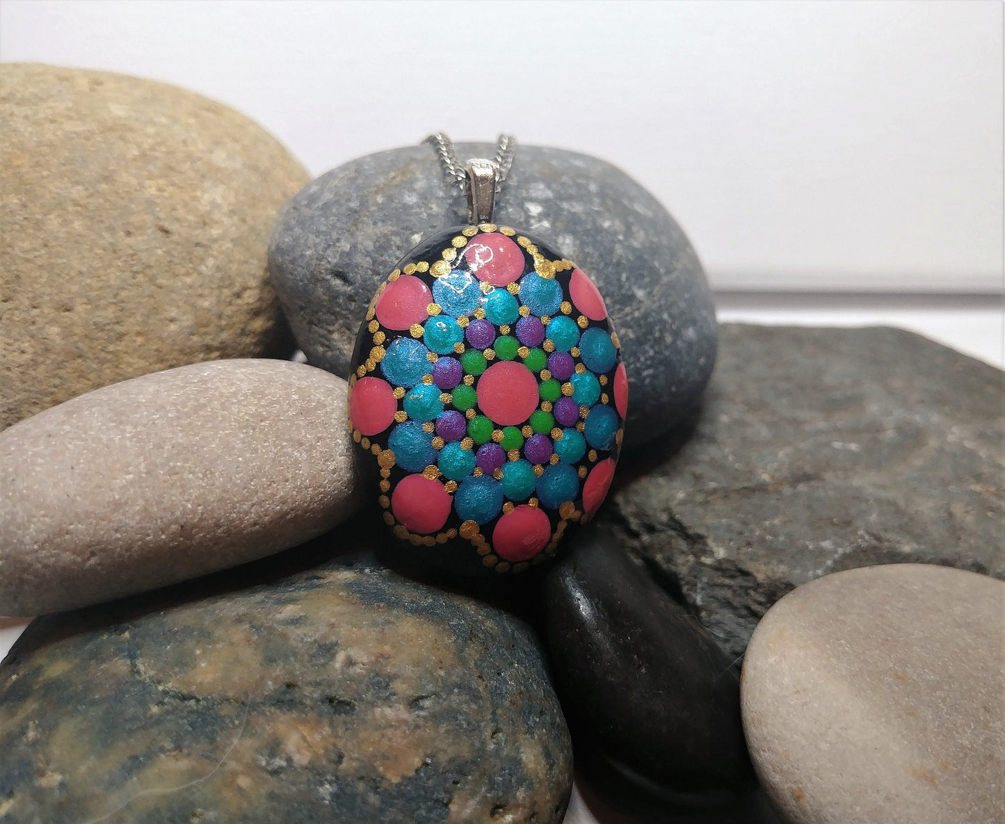 Handpainted Pearlescent Dot Mandala Necklace, Stone Pendant, Sealed w/ Resin, Hypoallergenic Stainless Steel Chain, Lobster Claw Closure