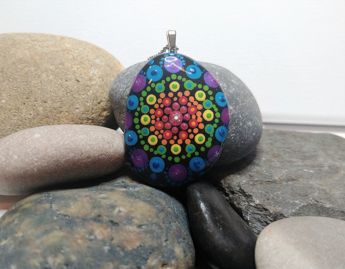 Handpainted Rainbow Dot Mandala Necklace, Stone / Rock Pendant, Sealed w/ Resin, Hypoallergenic Stainless Steel Chain, Lobster Claw Closure