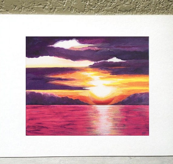 Print of Original Pink and Purple Sunset Over Water Painting, Matted, Vibrant Colors, Beachy / Coastal / Nautical Themed