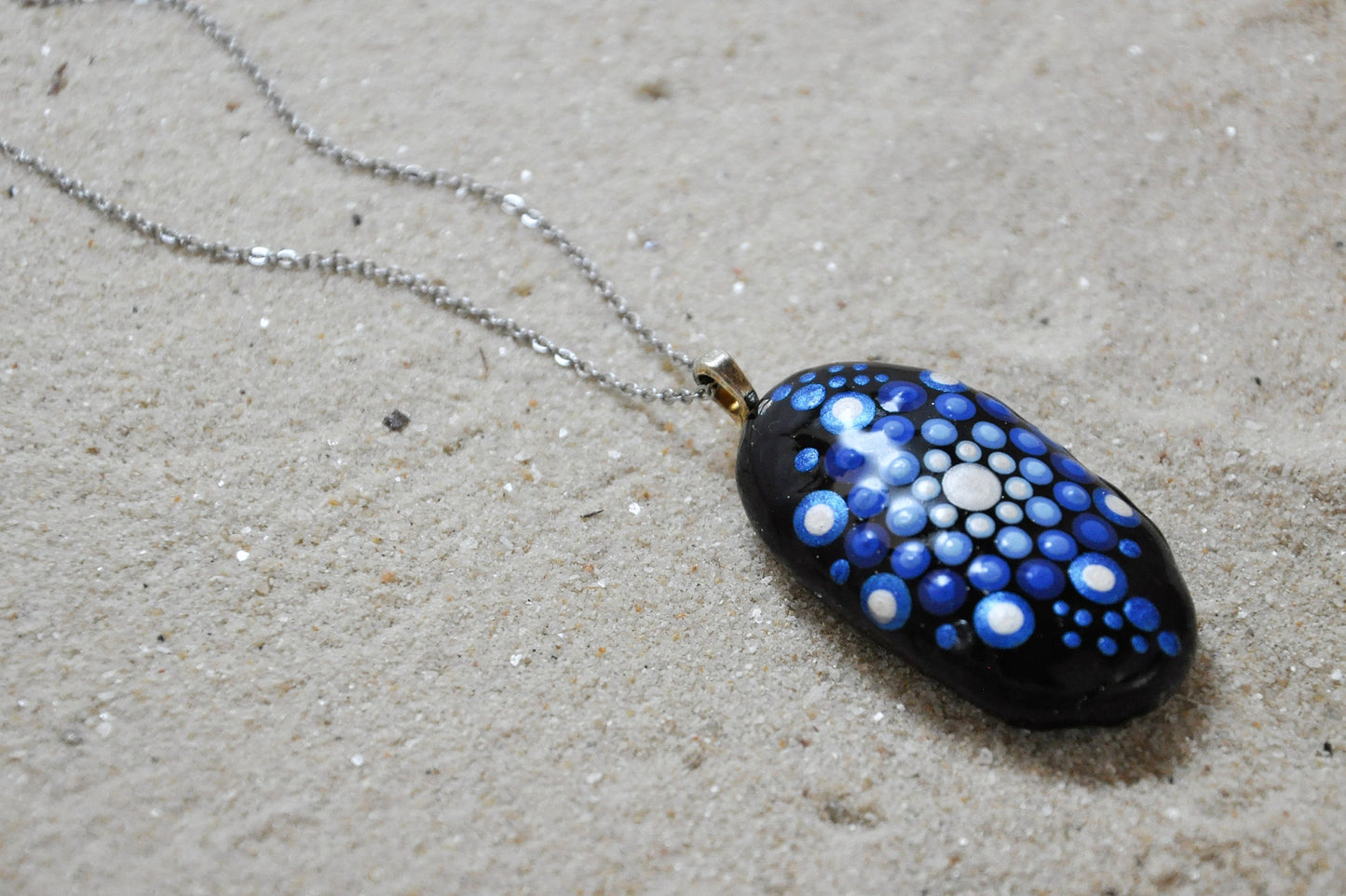 Handpainted Blue Dot Mandala Necklace, Stone / Rock Pendant, Sealed w/ Resin, Hypoallergenic Stainless Steel Chain, Lobster Claw Closure