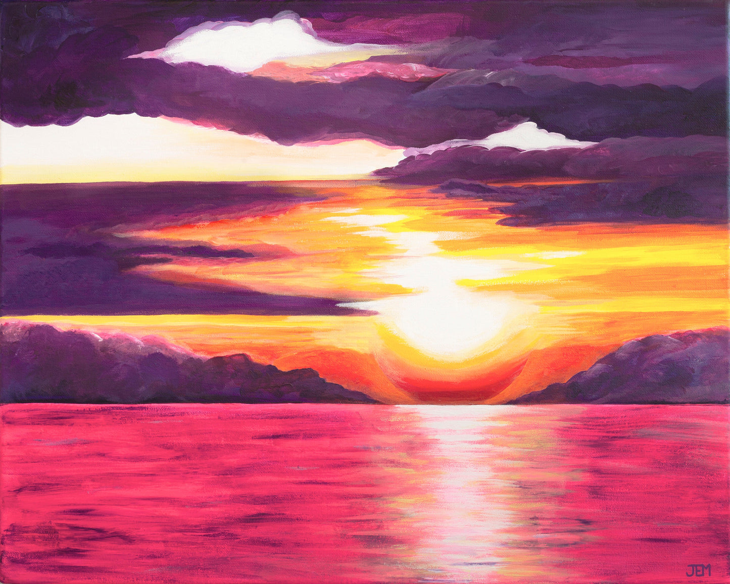 Print of Original Pink and Purple Sunset Over Water Painting, Matted, Vibrant Colors, Beachy / Coastal / Nautical Themed