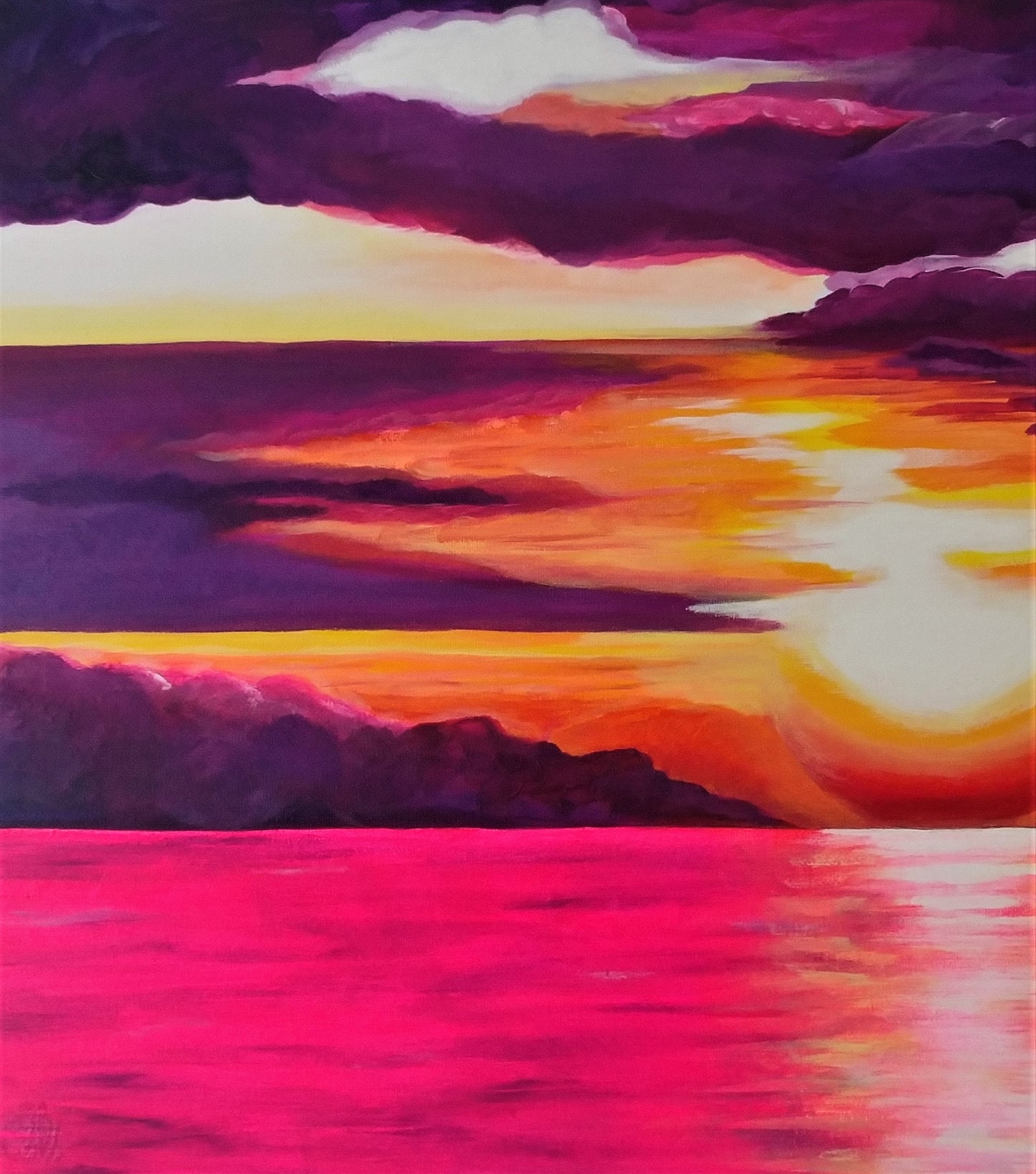 Print of Original Pink and Purple Sunset Over Water Painting, Matted, Vibrant Colors, Beachy / Coastal / Nautical Themed