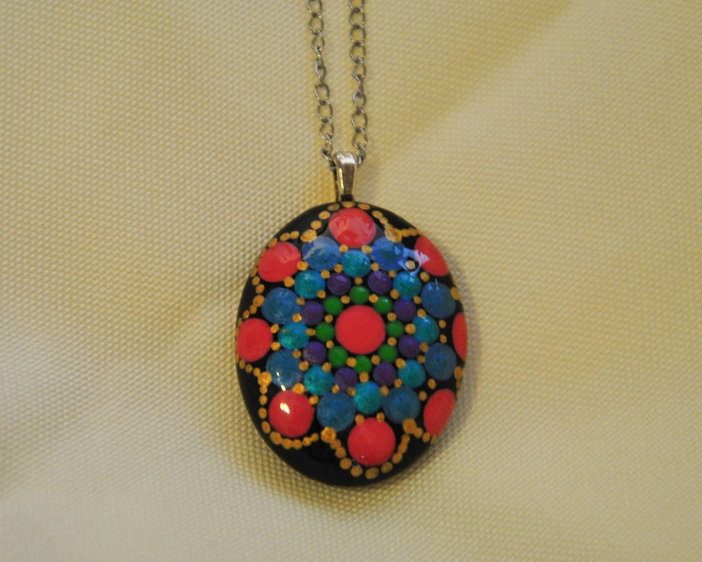 Handpainted Pearlescent Dot Mandala Necklace, Stone Pendant, Sealed w/ Resin, Hypoallergenic Stainless Steel Chain, Lobster Claw Closure