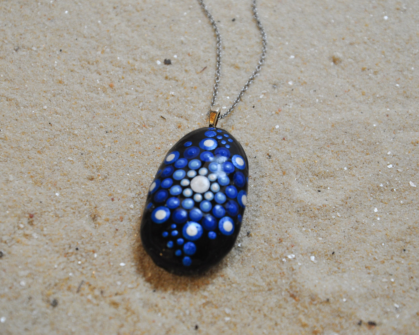 Handpainted Blue Dot Mandala Necklace, Stone / Rock Pendant, Sealed w/ Resin, Hypoallergenic Stainless Steel Chain, Lobster Claw Closure