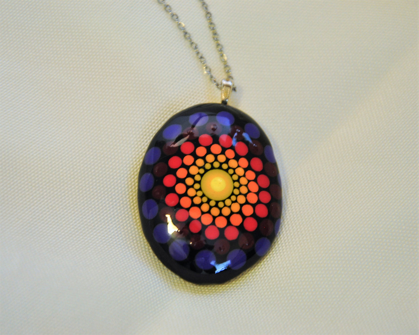 Handpainted Rainbow Dot Mandala Necklace, Stone / Rock Pendant, Sealed w/ Resin, Hypoallergenic Stainless Steel Chain, Lobster Claw Closure
