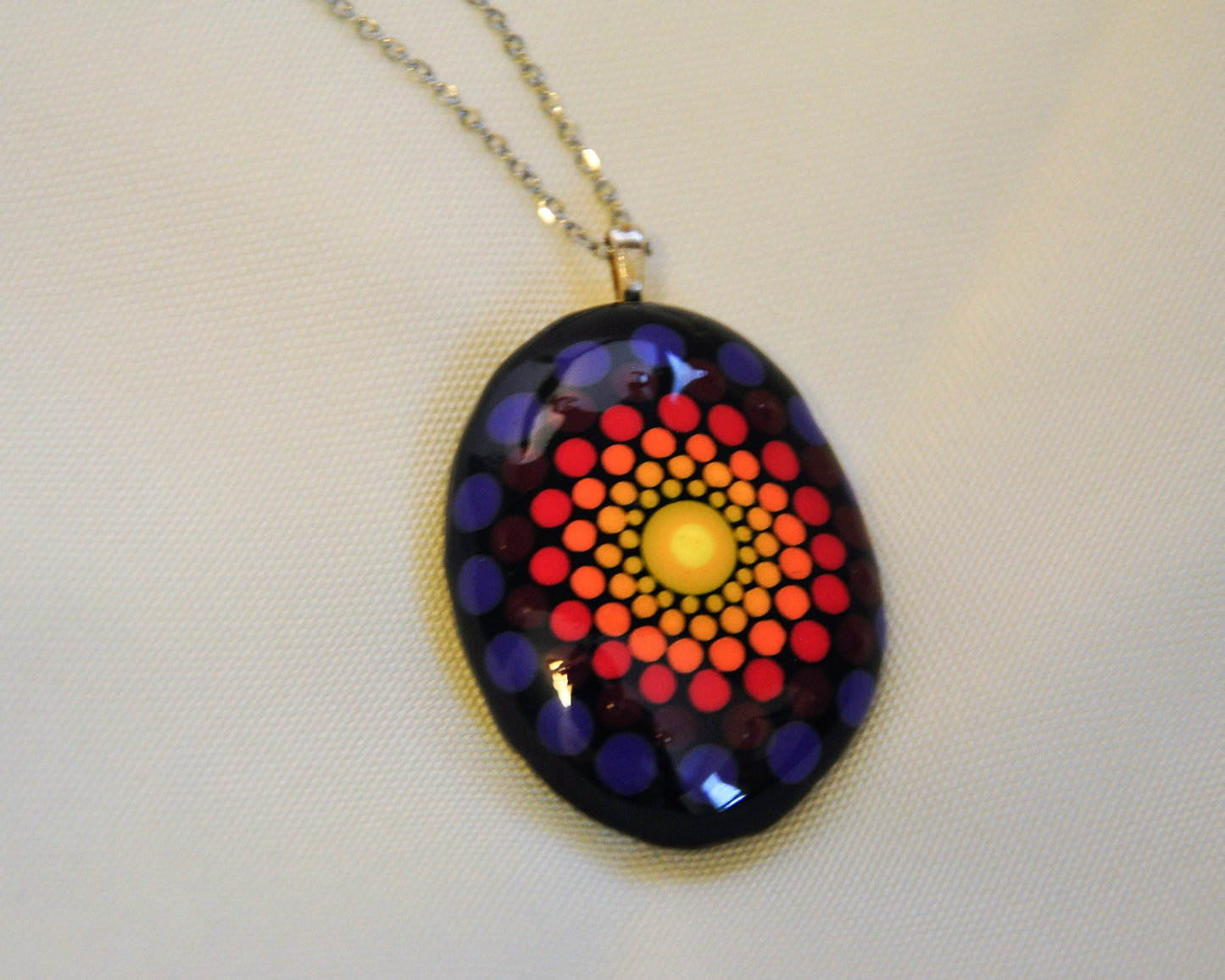 Handpainted Rainbow Dot Mandala Necklace, Stone / Rock Pendant, Sealed w/ Resin, Hypoallergenic Stainless Steel Chain, Lobster Claw Closure