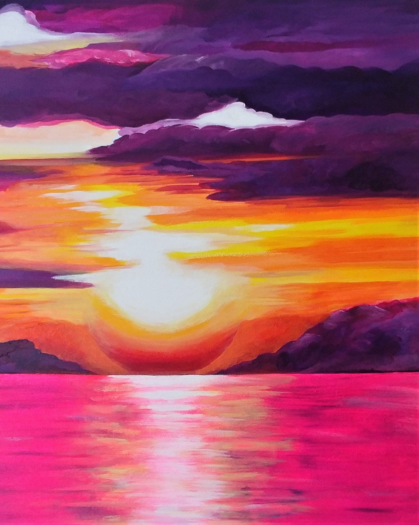Print of Original Pink and Purple Sunset Over Water Painting, Matted, Vibrant Colors, Beachy / Coastal / Nautical Themed