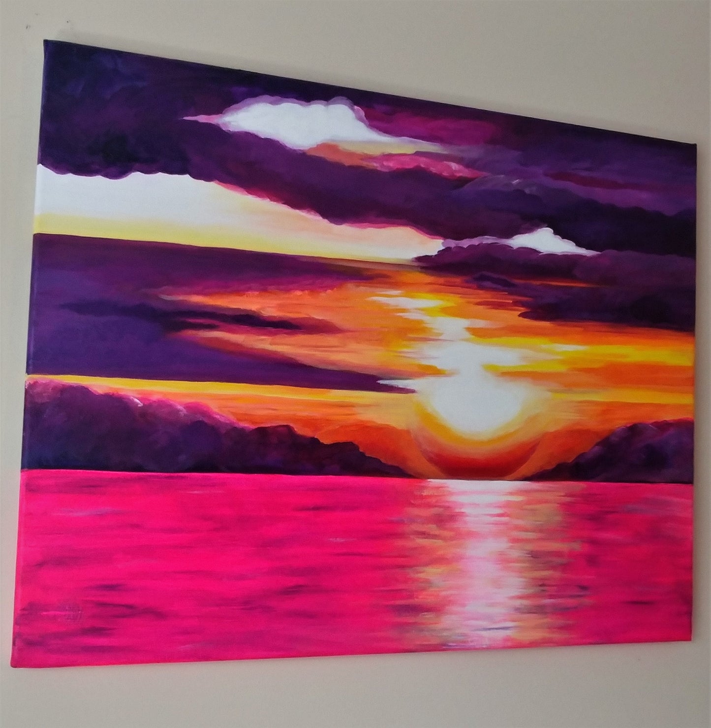 Print of Original Pink and Purple Sunset Over Water Painting, Matted, Vibrant Colors, Beachy / Coastal / Nautical Themed