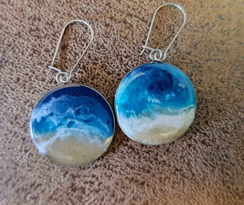 Resin Waves / Ocean Jewelry / Beach Scene Stainless Steel Necklace, Earrings, and Bangle Bracelet Set - Made with Real Sand, Resin, and Mica