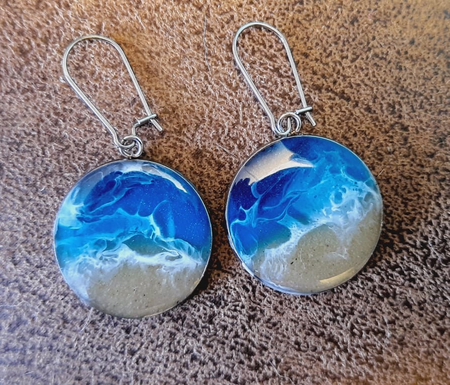 Resin Waves / Ocean Jewelry / Beach Scene Stainless Steel Necklace, Earrings, and Bangle Bracelet Set - Made with Real Sand, Resin, and Mica