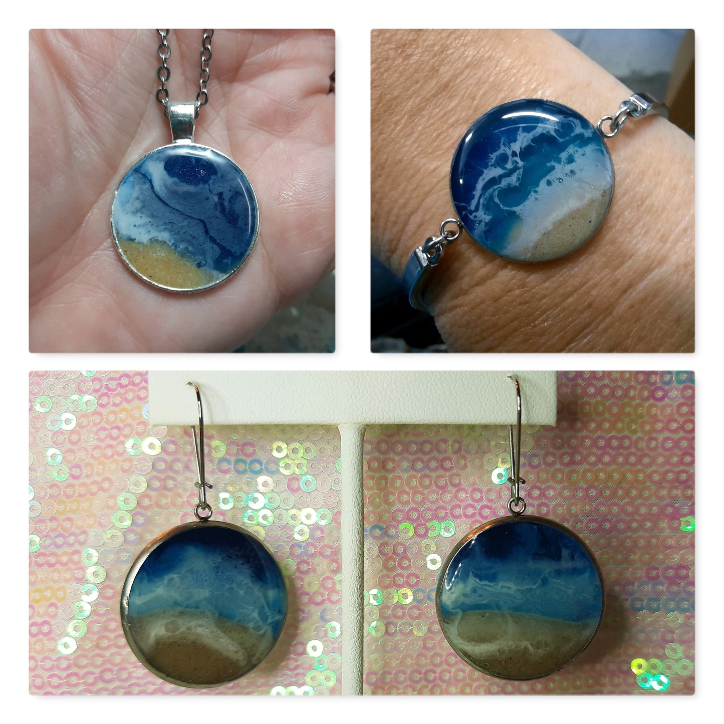 Resin Waves / Ocean Jewelry / Beach Scene Stainless Steel Necklace, Earrings, and Bangle Bracelet Set - Made with Real Sand, Resin, and Mica