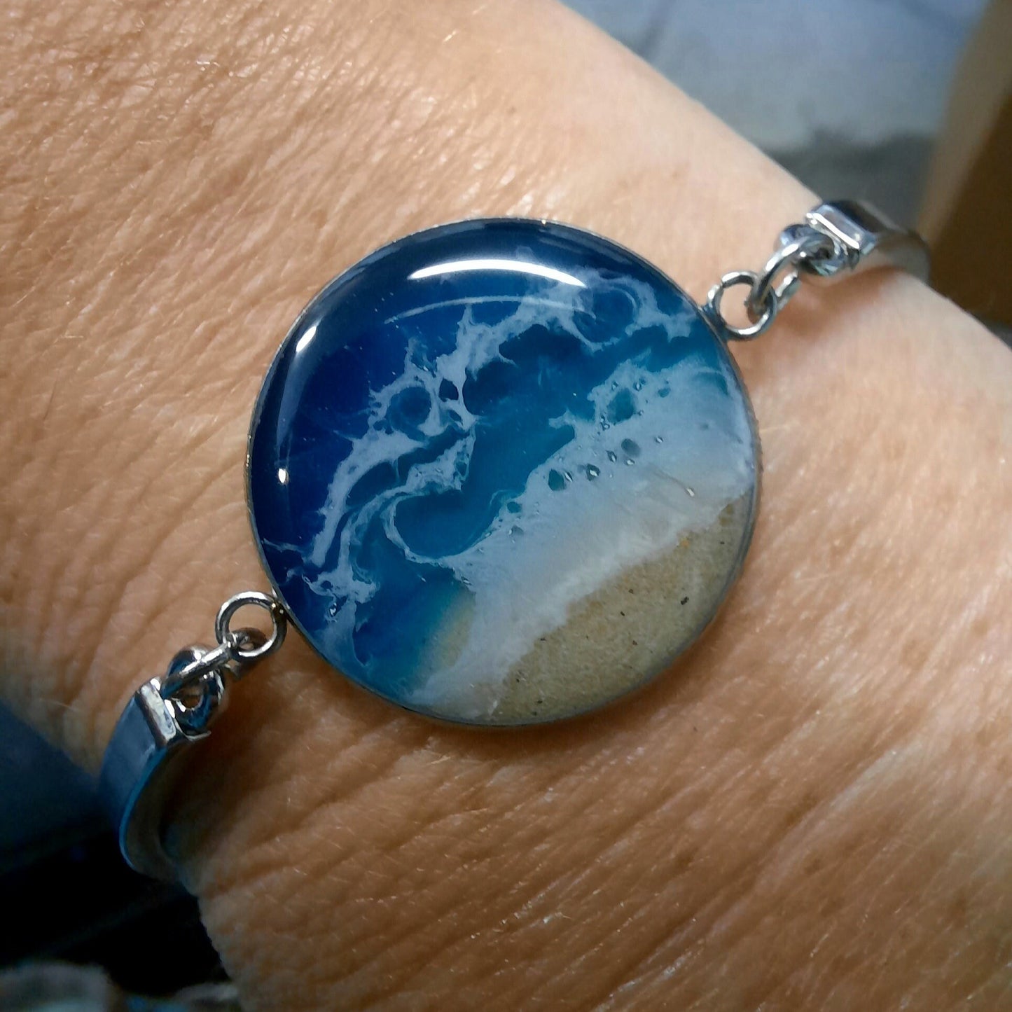 Resin Waves / Ocean Jewelry / Beach Scene Stainless Steel Necklace, Earrings, and Bangle Bracelet Set - Made with Real Sand, Resin, and Mica