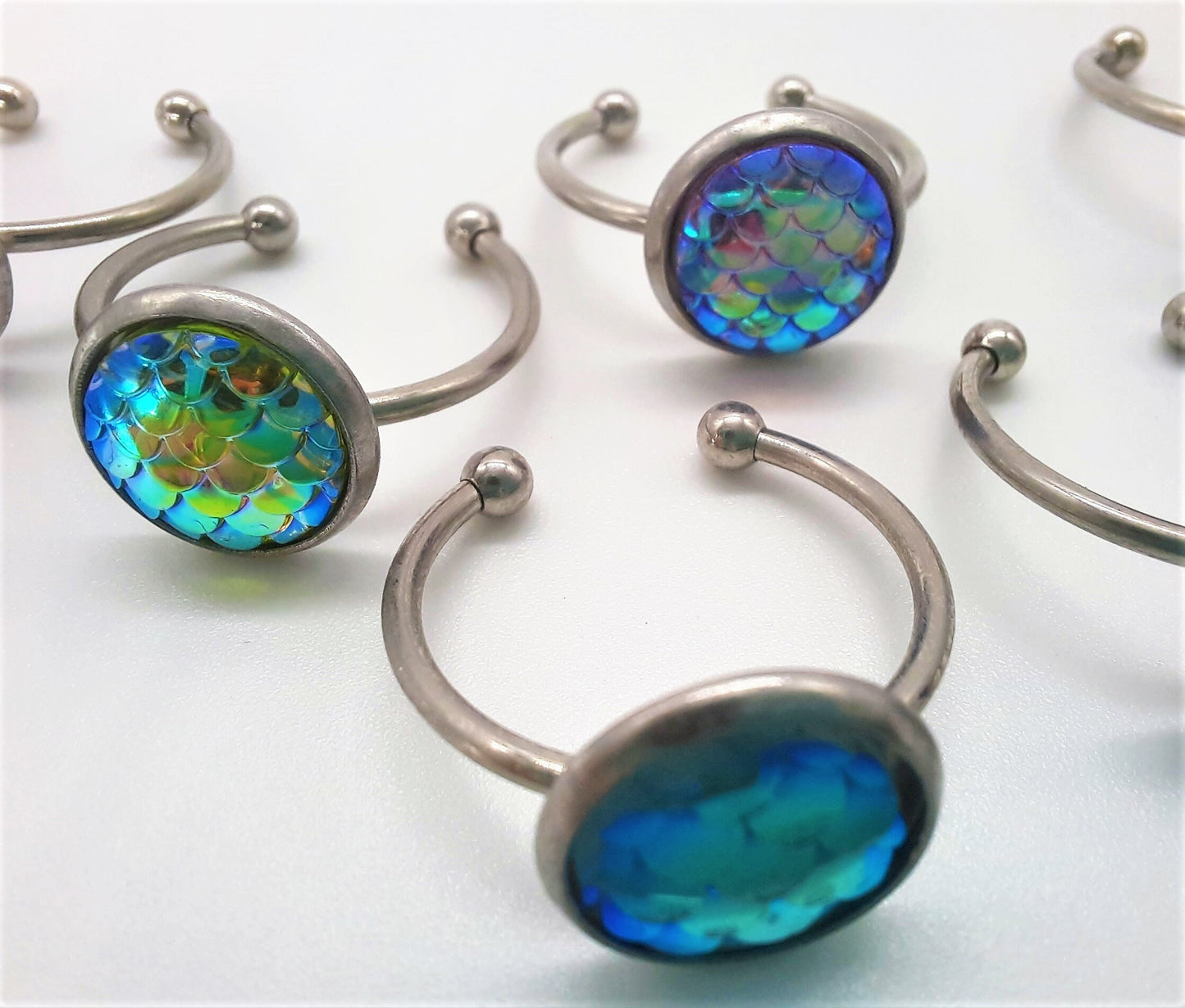 Handcrafted / Handmade Iridescent 10mm Mermaid Scale / Dragon Scale Finger Ring, Made with Hypoallergenic Silver Stainless Steel, Size 7