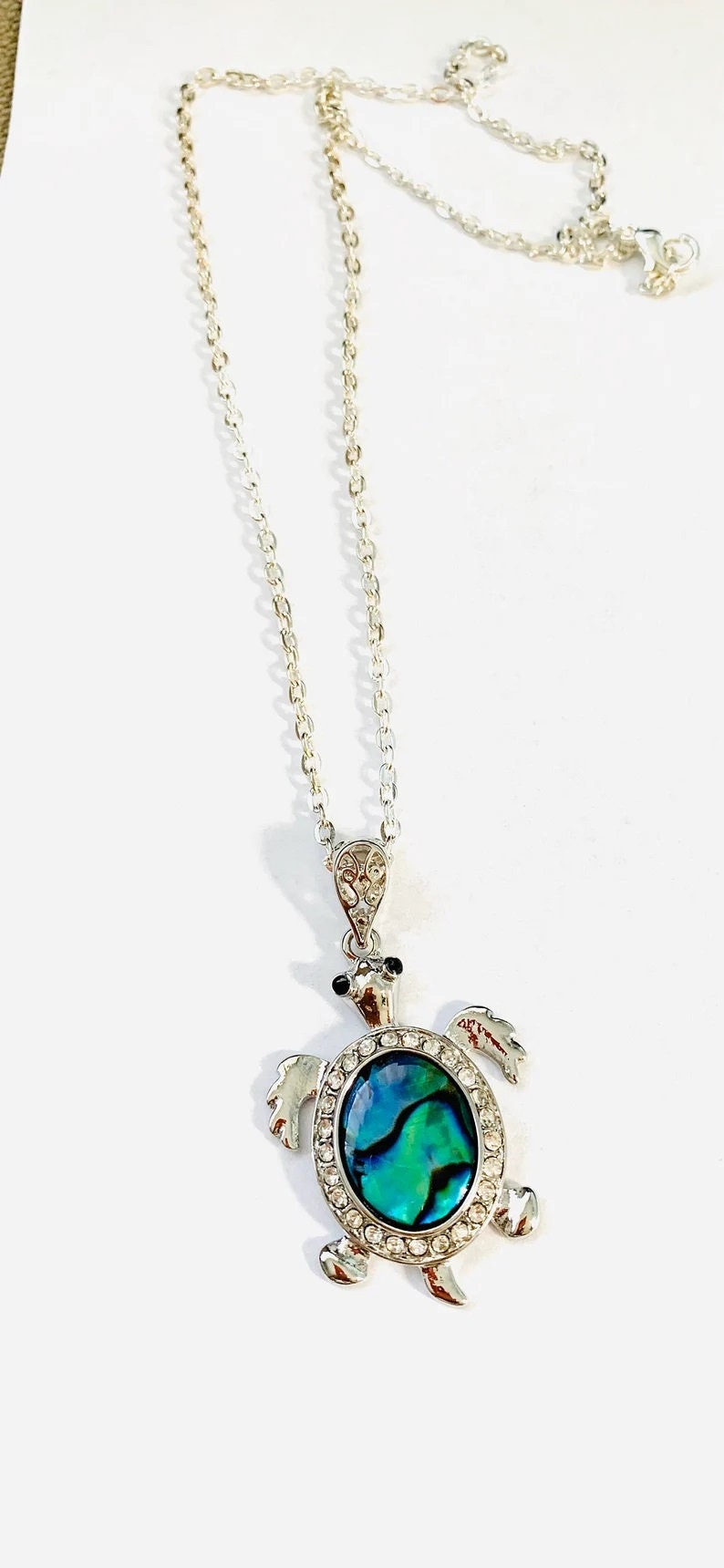 Abalone/Paua Seashell Sea Turtle Pendant Necklace - Stainless Steel Hypoallergenic Chain-Lobster Claw Closure - Silver-Coated Brass Pendant